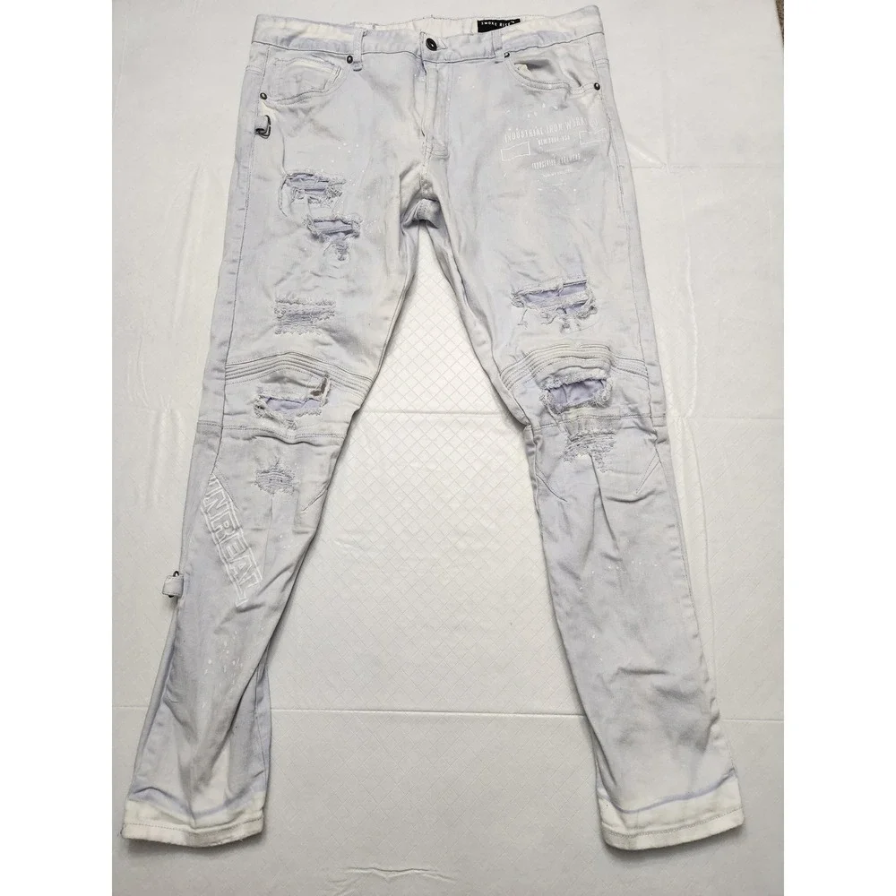 Smoke Rise Jeans Mens 40x32 Blue Light Wash Distressed Skinny Moto Biker Denim